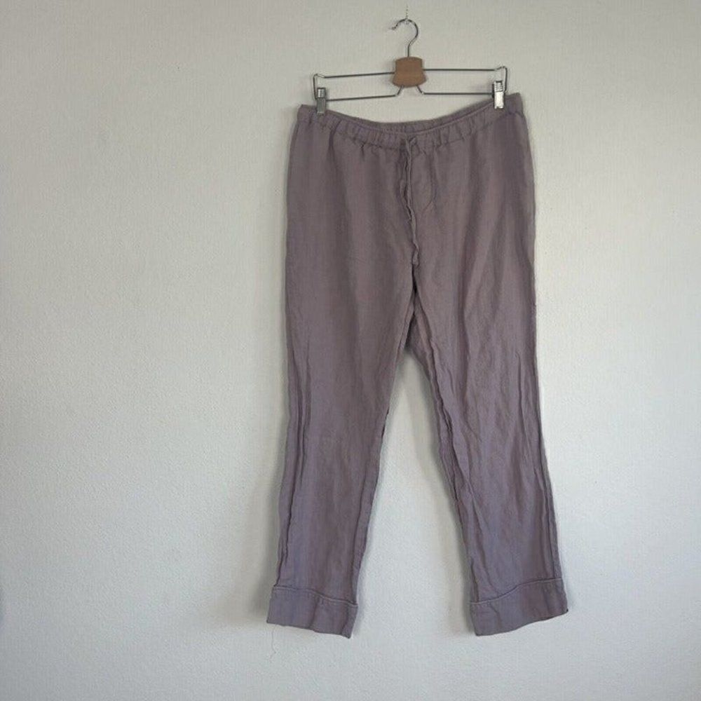 Women Linen Lilac Lavender Purple Drawstring Elastic Waist Cropped Pants Medium